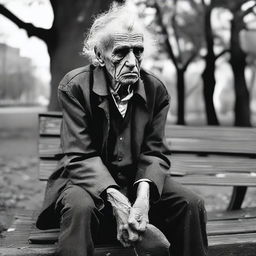 An old and frail thug, dressed in tattered clothing, sitting on a park bench looking defeated