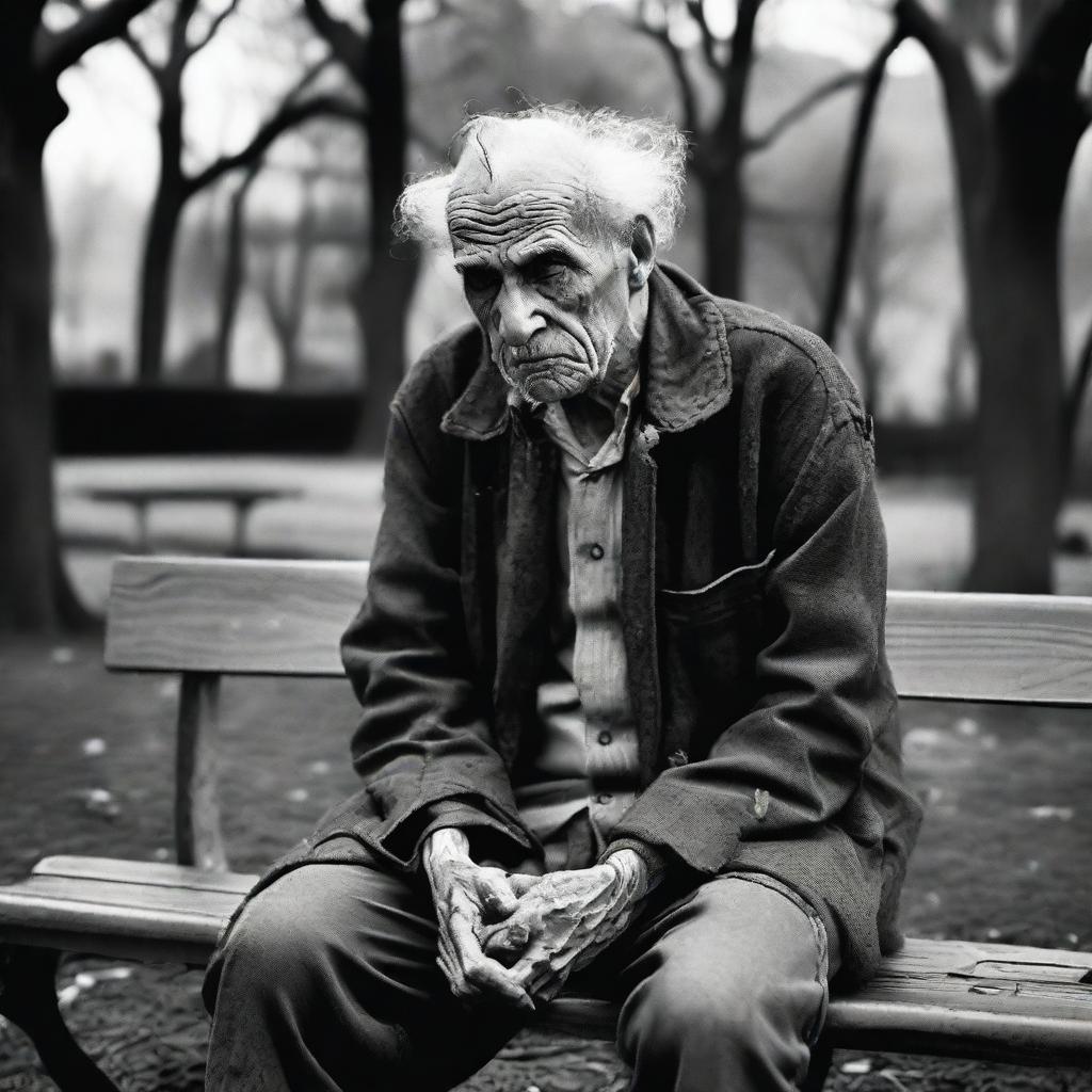 An old and frail thug, dressed in tattered clothing, sitting on a park bench looking defeated