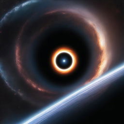 A realistic depiction of a majestic black hole in the vastness of space, with a highly detailed space station orbiting nearby