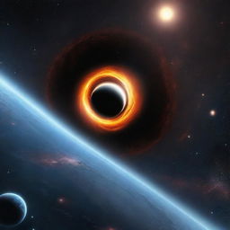 A realistic depiction of a majestic black hole in the vastness of space, with a highly detailed space station orbiting nearby