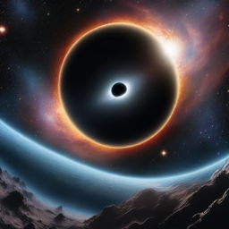 A realistic depiction of a majestic black hole in the vastness of space, with a highly detailed space station orbiting nearby