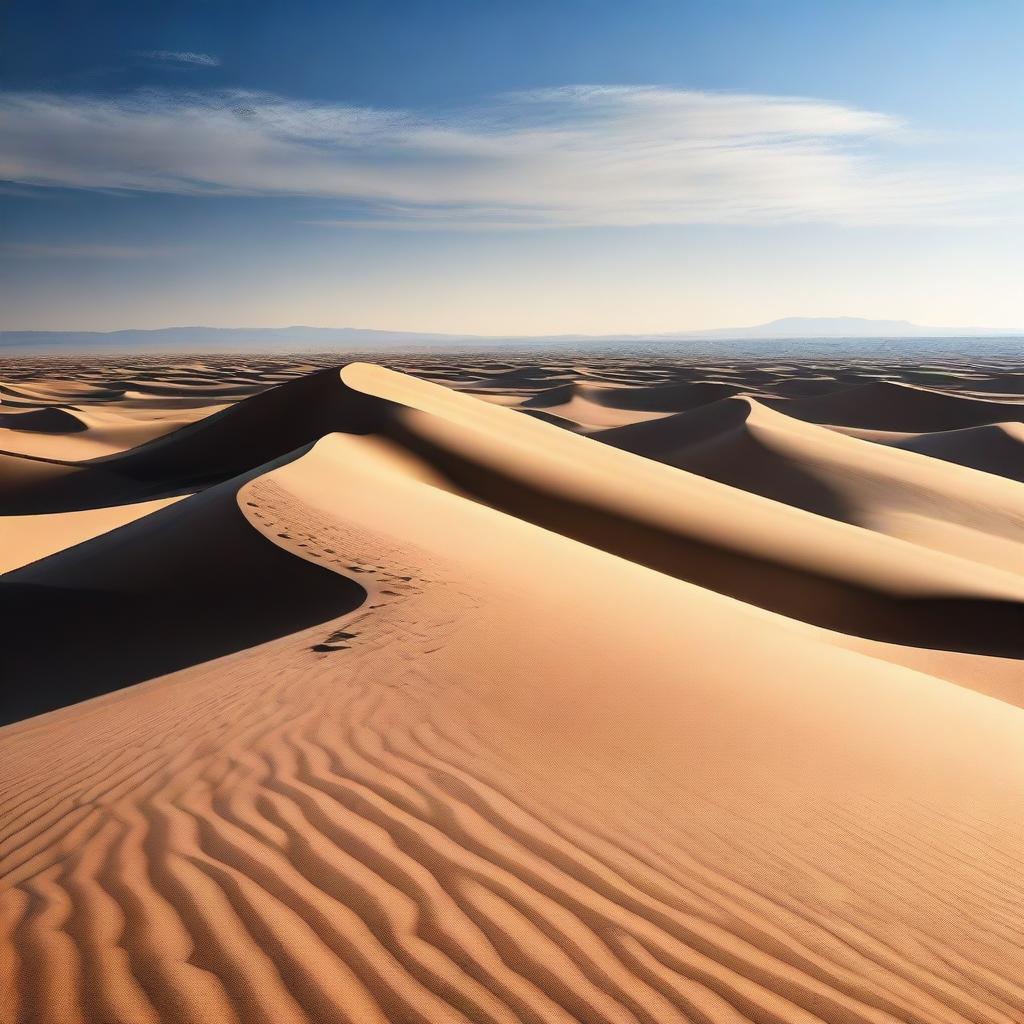 Create an image of a vast desert landscape with rolling sand dunes under a clear blue sky