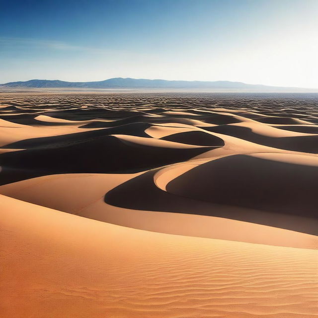 Create an image of a vast desert landscape with rolling sand dunes under a clear blue sky