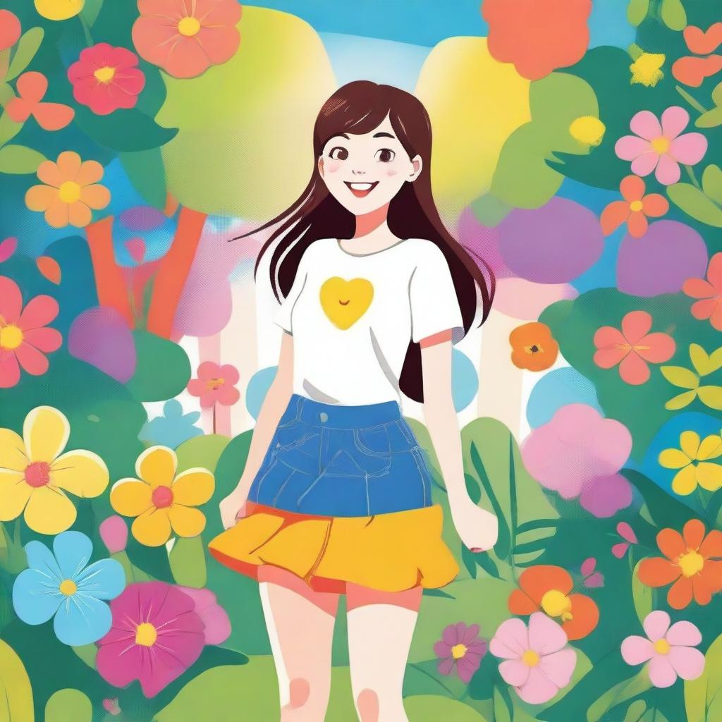 A young girl wearing a mini skirt standing in a cheerful and vibrant environment