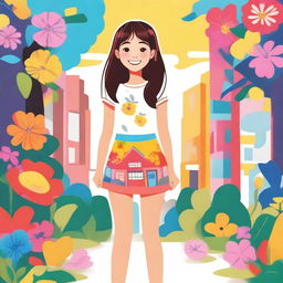 A young girl wearing a mini skirt standing in a cheerful and vibrant environment