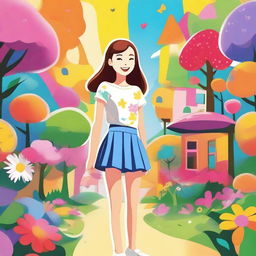 A young girl wearing a mini skirt standing in a cheerful and vibrant environment