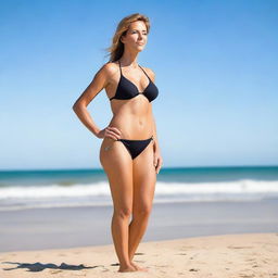 A woman wearing a bikini thong, standing on a sunny beach