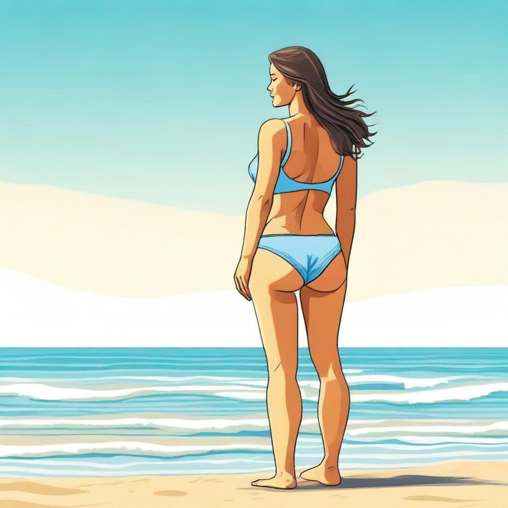 A woman wearing a thong, standing on a sunny beach