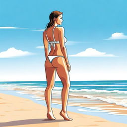 A woman wearing a thong, standing on a sunny beach