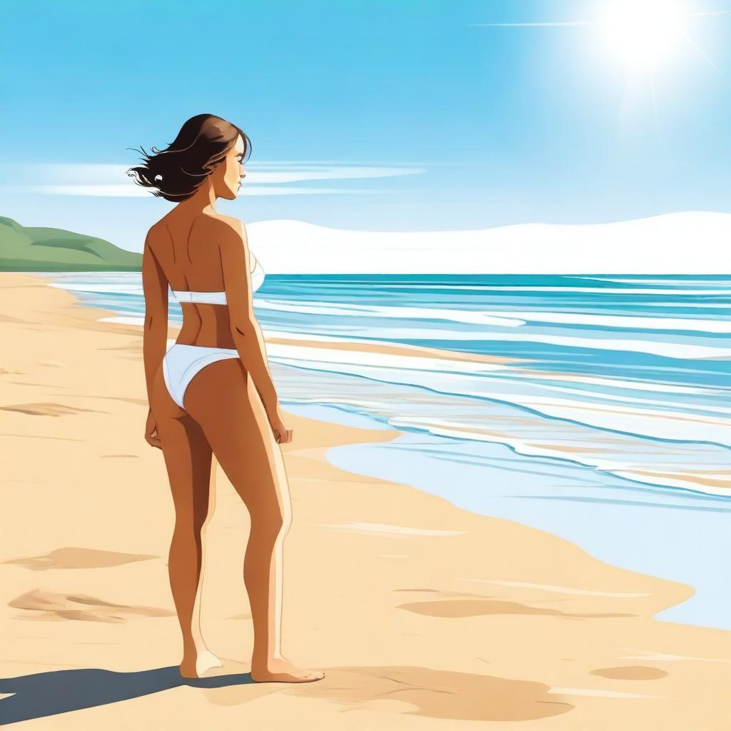 A woman wearing a thong, standing on a sunny beach