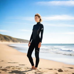 A woman wearing a wetsuit, standing on a sunny beach