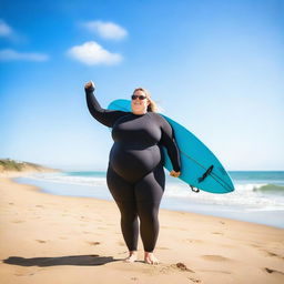 A chubby woman wearing a wetsuit, standing on a sunny beach