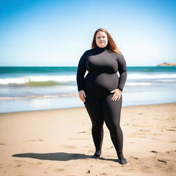 A chubby woman wearing a wetsuit, standing on a sunny beach