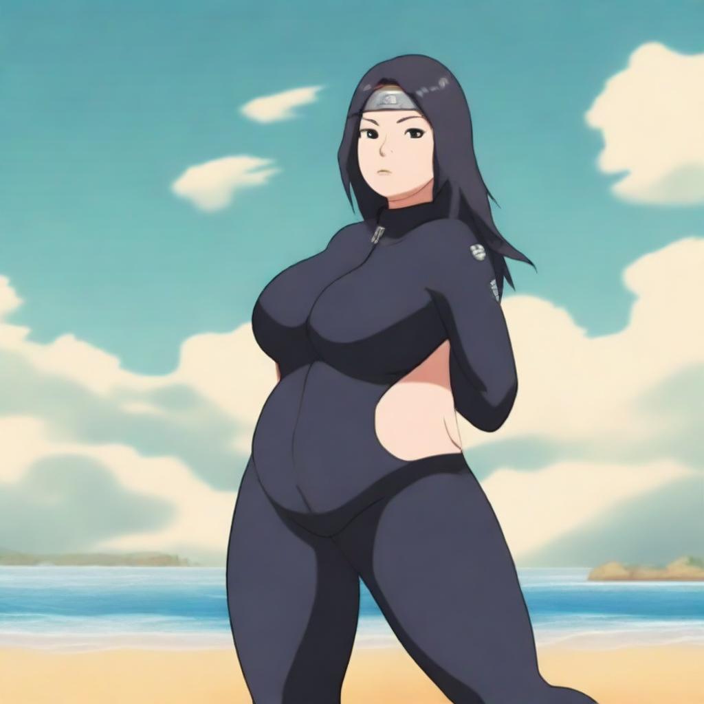 A chubby woman wearing a wetsuit inspired by Hinata, standing on a sunny beach