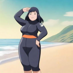 A chubby woman wearing a wetsuit inspired by Hinata, standing on a sunny beach