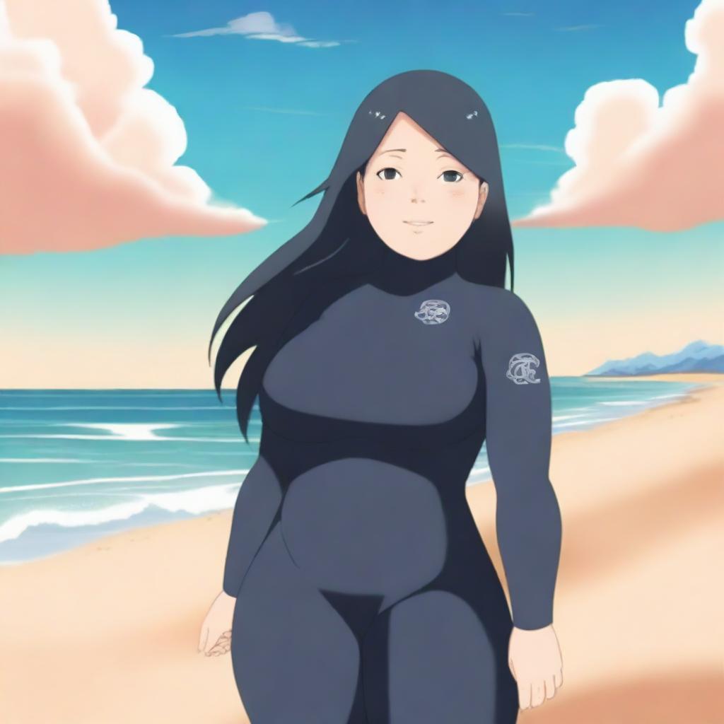 A chubby woman wearing a wetsuit inspired by Hinata, standing on a sunny beach