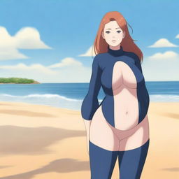 A chubby woman wearing a wetsuit inspired by Hinata, standing on a sunny beach