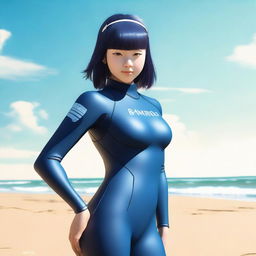 A photorealistic image of a woman wearing a Hinata-themed wetsuit, standing on a sunny beach