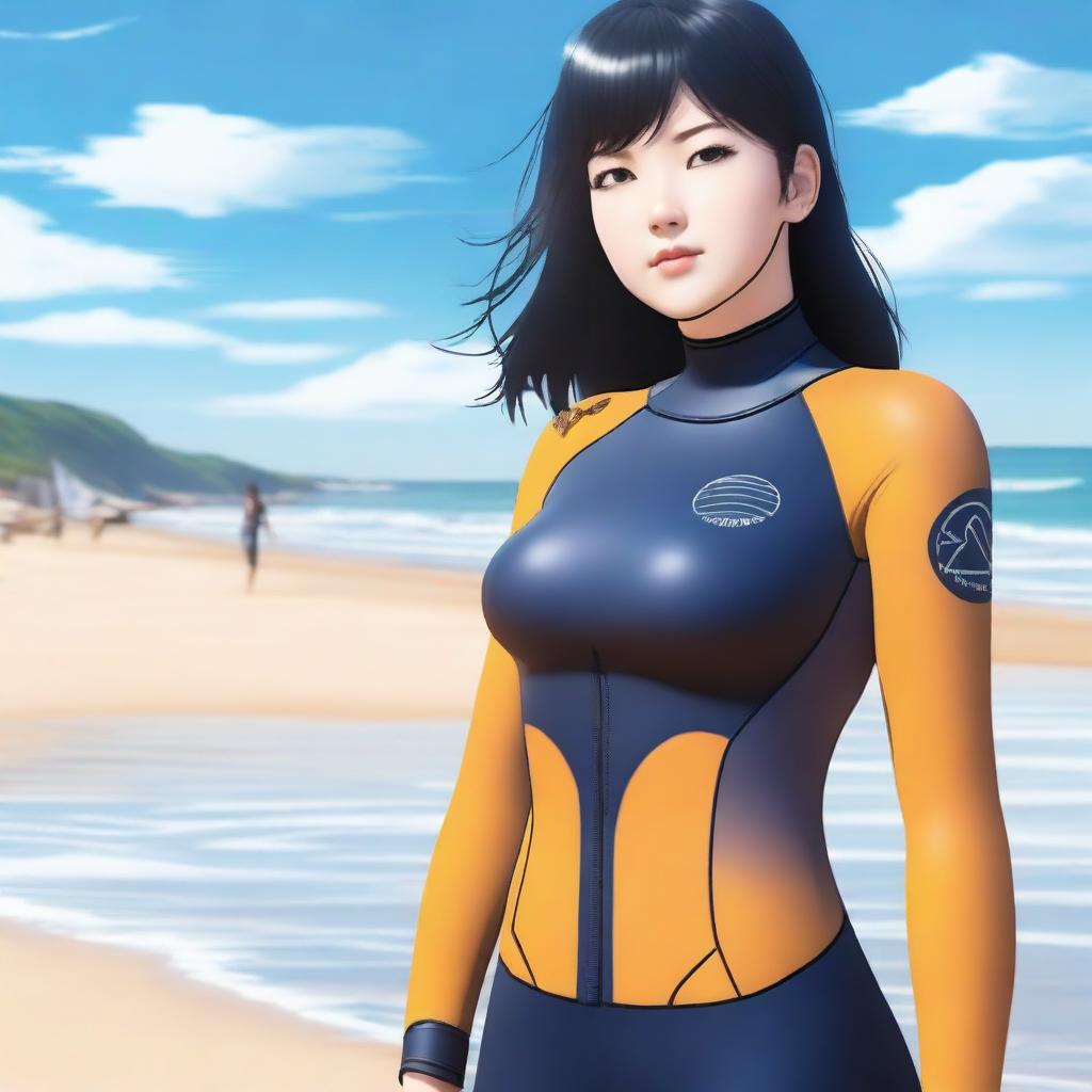 A photorealistic image of a woman wearing a Hinata-themed wetsuit, standing on a sunny beach