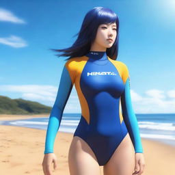 A photorealistic image of a woman wearing a Hinata-themed wetsuit, standing on a sunny beach