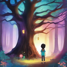 A long tree in a magical forest with vibrant colors and glowing elements