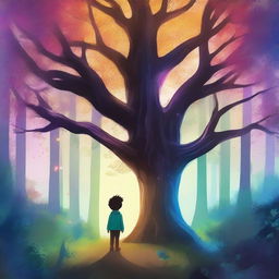 A long tree in a magical forest with vibrant colors and glowing elements