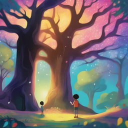 A long tree in a magical forest with vibrant colors and glowing elements