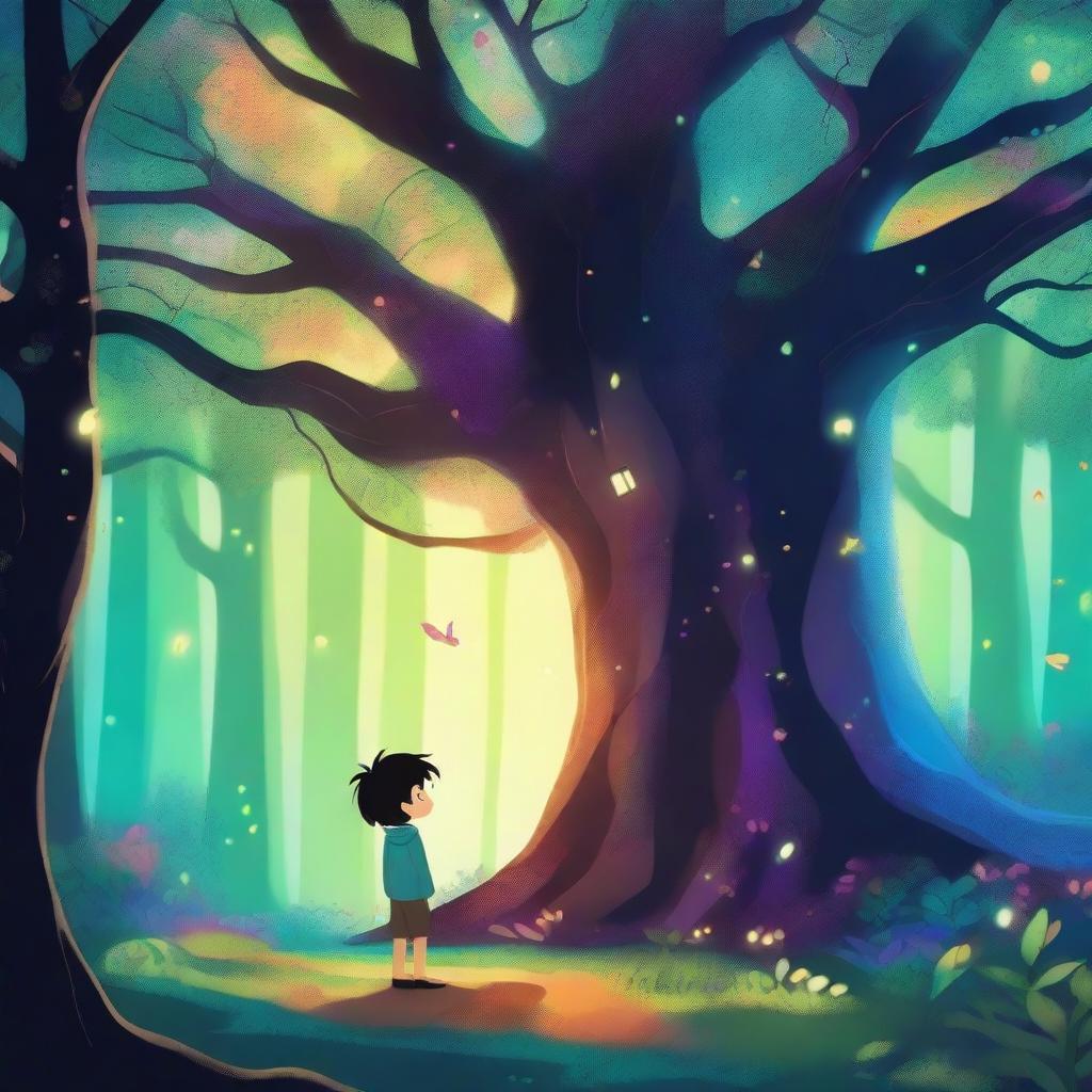 A long tree in a magical forest with vibrant colors and glowing elements