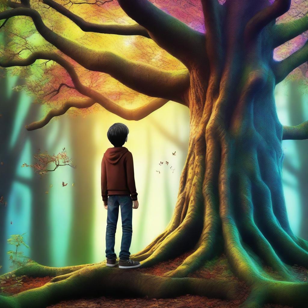 A long tree in a magical forest with vibrant colors and realistic details