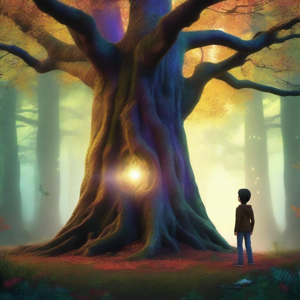 A long tree in a magical forest with vibrant colors and realistic details