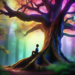 A long tree in a magical forest with vibrant colors and realistic details