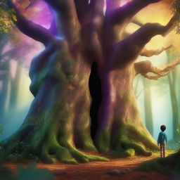 A long tree in a magical forest with vibrant colors and realistic details