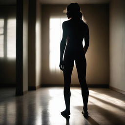 A woman stands in a dimly lit room, her flexor muscles in her legs visibly tensed in fear