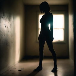 A woman stands in a dimly lit room, her flexor muscles in her legs visibly tensed in fear