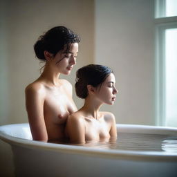 A beautiful woman with a wet body stands in a bathtub