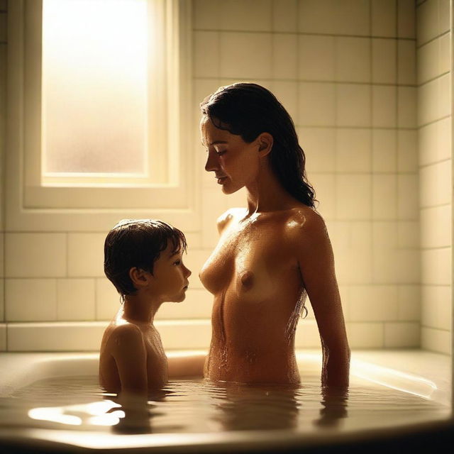 A beautiful woman with a wet body stands in a bathroom, with a young boy standing behind her