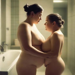 A beautiful, chubby woman with a wet body stands in a bathroom, with a young boy standing behind her