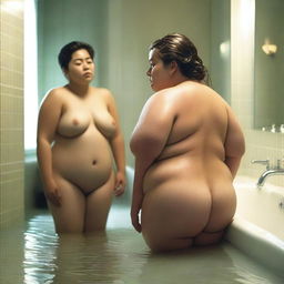 A beautiful, chubby woman with a wet body stands in a bathroom, with a young boy standing behind her