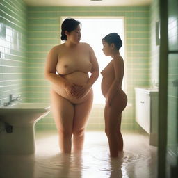 A beautiful, chubby woman with a wet body stands in a bathroom, with a young boy standing behind her