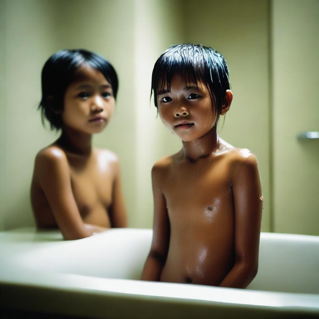 An Indonesian woman with a wet body stands in a bathroom, with a young boy standing behind her