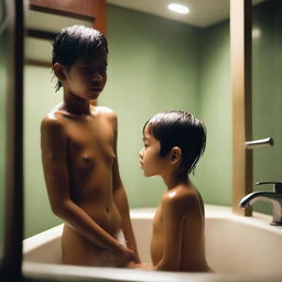 An Indonesian woman with a wet body stands in a bathroom, with a young boy standing behind her