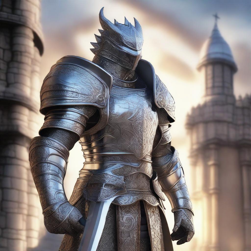 A majestic revenant paladin clad in gleaming silver armor, intricately designed with a dragon motif on the chestplate