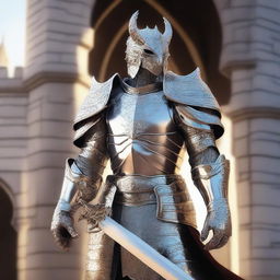 A majestic revenant paladin without a helmet, clad in gleaming silver armor