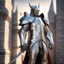 A majestic revenant paladin without a helmet, clad in gleaming silver armor