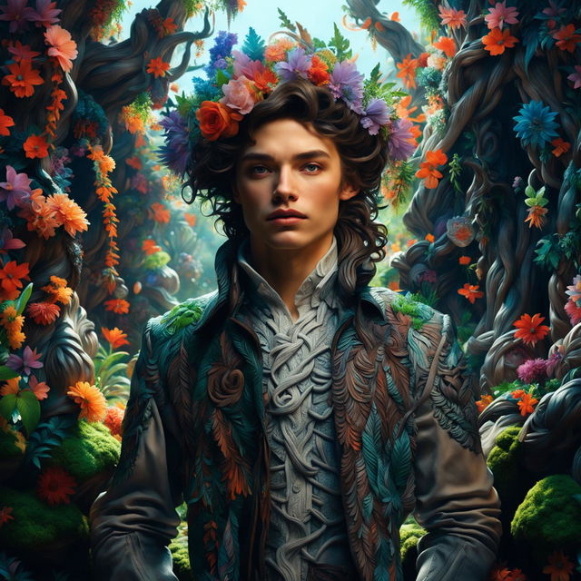 Hyper-realistic 3D photograph of an androgynous Russian man in a mystical forest, adorned with intricate flowers, captured in ultra-high definition with cinematic photography style evoking Rococo and fantasy vibes, featuring slight imperfections.