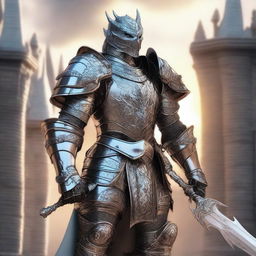 A majestic revenant paladin without a helmet, clad in gleaming silver armor