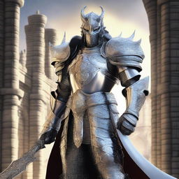 A majestic revenant paladin without a helmet, clad in gleaming silver armor