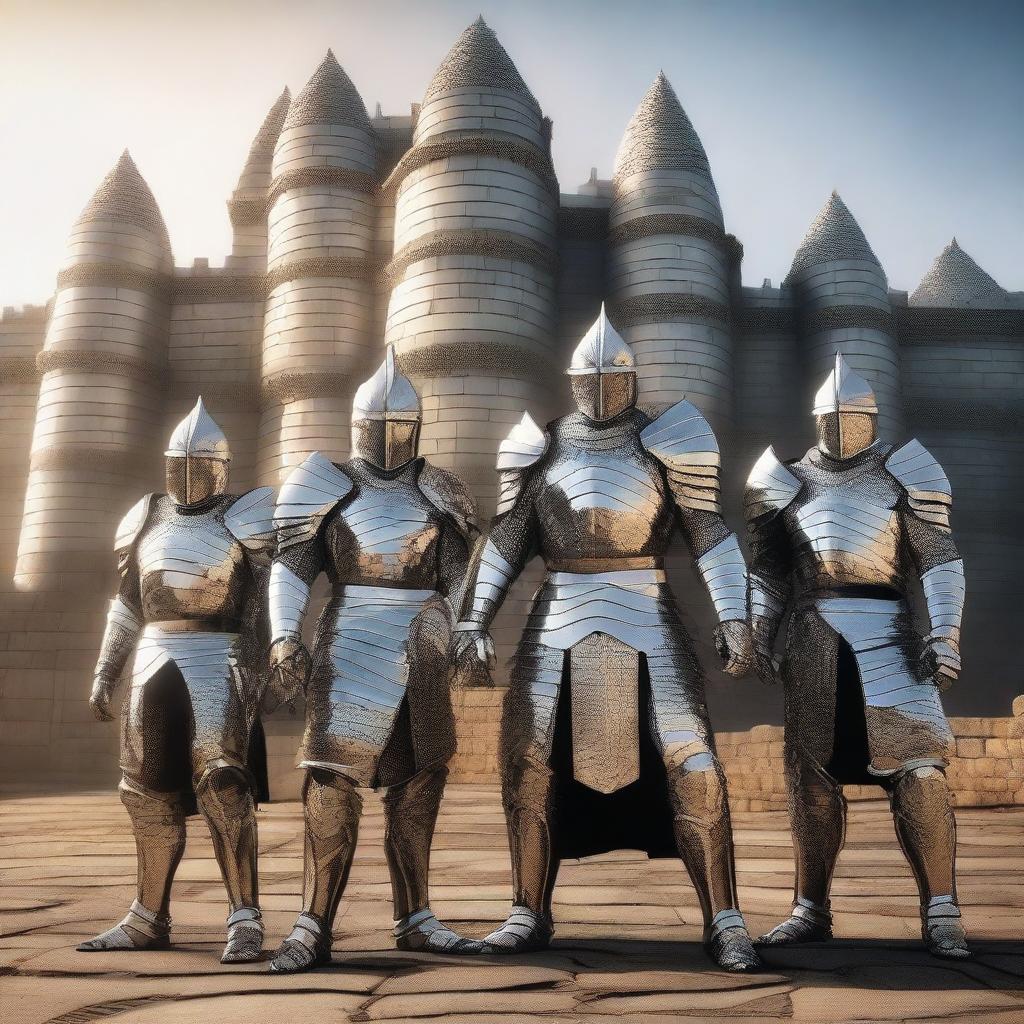 A group of human warriors, all without helmets, wearing gleaming silver armor