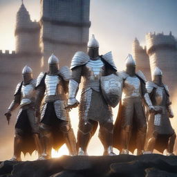 A group of human warriors, all without helmets, wearing gleaming silver armor