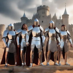 A group of human warriors, all without helmets, wearing gleaming silver armor